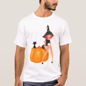Halloween Heksenpompoen & Zwarte Kat T-shirt (Voorkant)