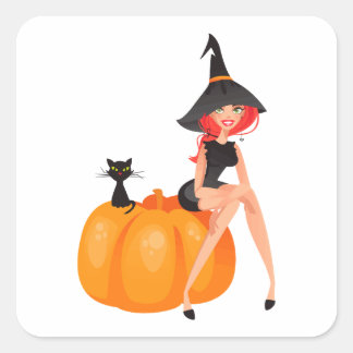 Halloween Heksenpompoen & Zwarte Kat Vierkante Sticker