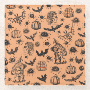 Halloween Heksensilhouet: Cartoon Patroon. Glazen Onderzetter