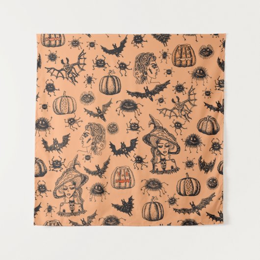 Halloween Heksensilhouet: Cartoon Patroon. Wandkleed (Voorkant)