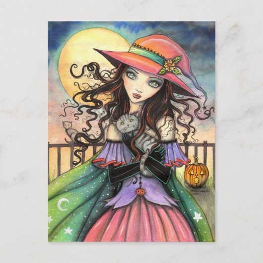 Halloween Heksenwind Tabby Kat Kunst Briefkaart (Voorkant)