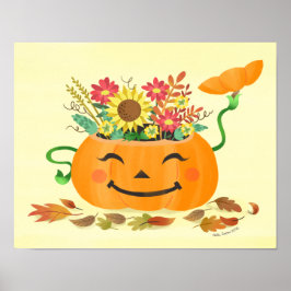 Halloween Herfst Bloemen Pompoen Art Print