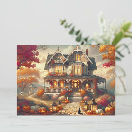 Halloween Herfst Country House Scene Feestdagenkaart (Staand voorkant)