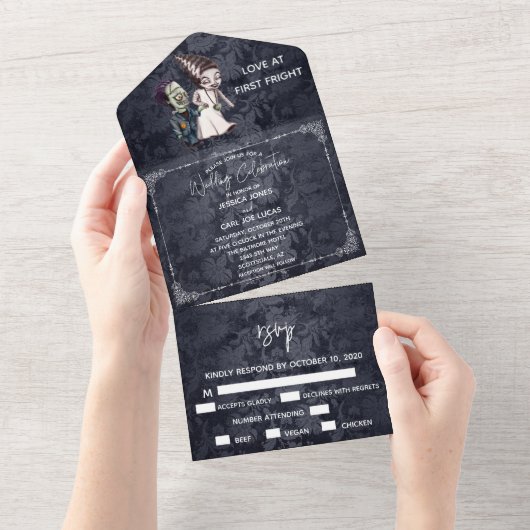 Halloween Herfst Oktober Frankenstein Bride Couple All In One Uitnodiging (Afscheurbaar)