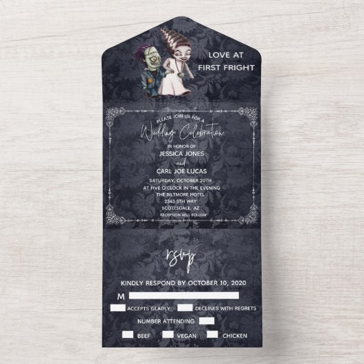 Halloween Herfst Oktober Frankenstein Bride Couple All In One Uitnodiging (Binnen)