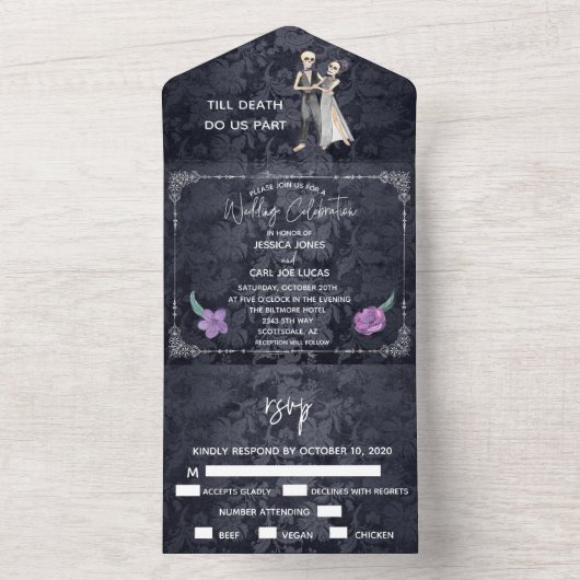 Halloween Herfst Oktober Skelet Paar bruiloft Alle All In One Uitnodiging (Binnen)