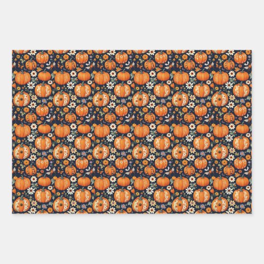 Halloween Herfst Seizoen Pompoenen & Bloemen Inpakpapier Vel (Voorkant)