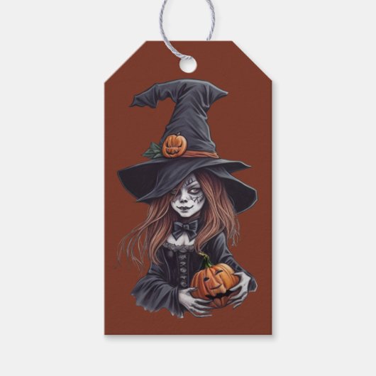 Halloween-Hexe mit Kürbis -  Cadeaulabel (Voorkant)