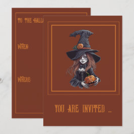 Halloween-Hexe mit Kürbis - Kaart