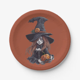 Halloween-Hexe mit Kürbis -  Papieren Bordje