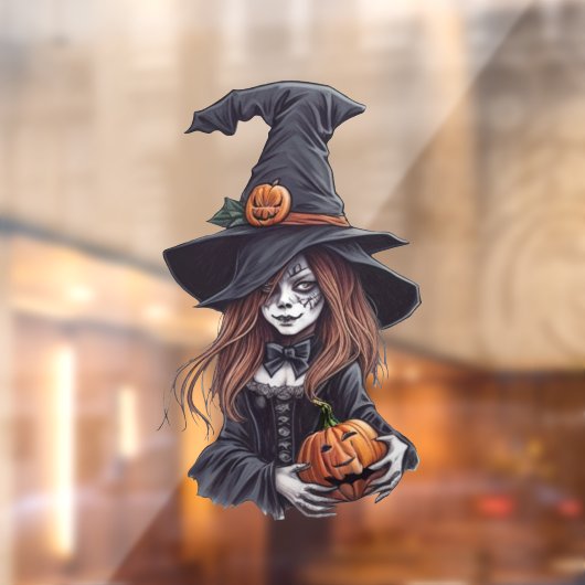 Halloween-Hexe mit Kürbis -  Raamsticker (Vel 2)