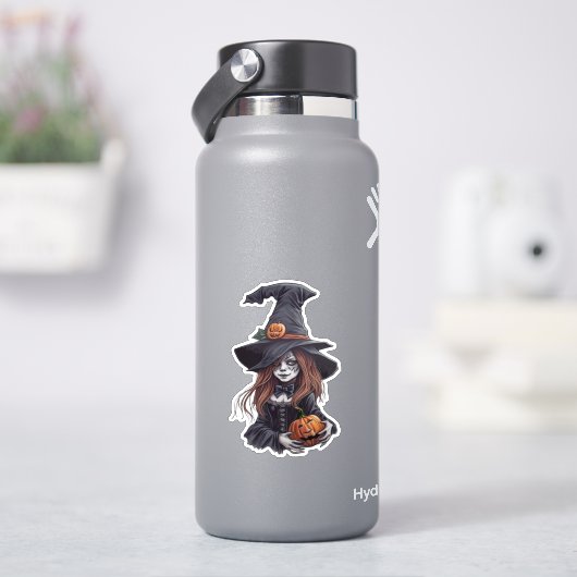 Halloween-Hexe mit Kürbis -  Sticker (HydroFlask)
