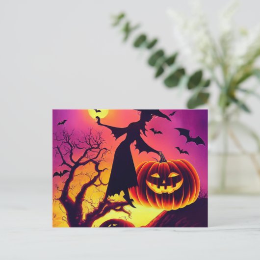Halloween Hexe tanzt mit Kürbiss im Mondlicht.  Briefkaart (Staand voorkant)