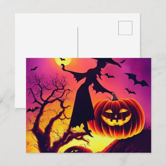 Halloween Hexe tanzt mit Kürbiss im Mondlicht.  Briefkaart (Voorkant / Achterkant)