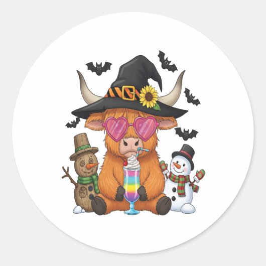 Halloween Highland Koe (2) Ronde Sticker (Voorkant)