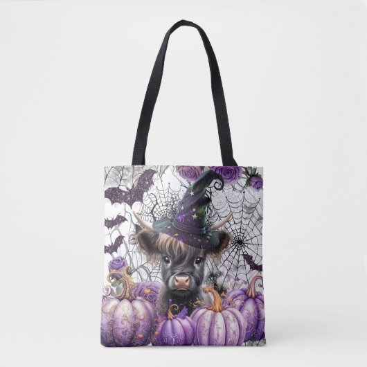 Halloween Highland Koe Heks Paarse Pompoenen Tote Bag (Voorkant)