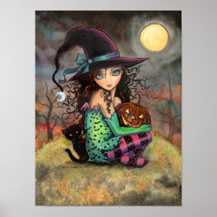 Halloween Hill Cute Gothic Witch and Cat Art Poster