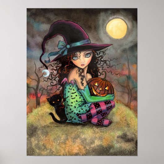 Halloween Hill Cute Gothic Witch and Cat Art Poster (Voorkant)