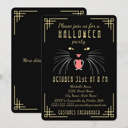 Halloween Hissing Cat Black Elegant Invitation Kaart (Voorkant / Achterkant)