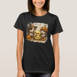 Halloween Hond en Kat Voeren een Baby Vogel Schets T-shirt