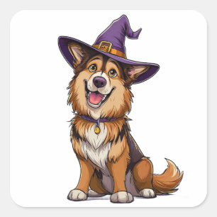 Halloween-hond met paarse tovenaarshoed vierkante sticker