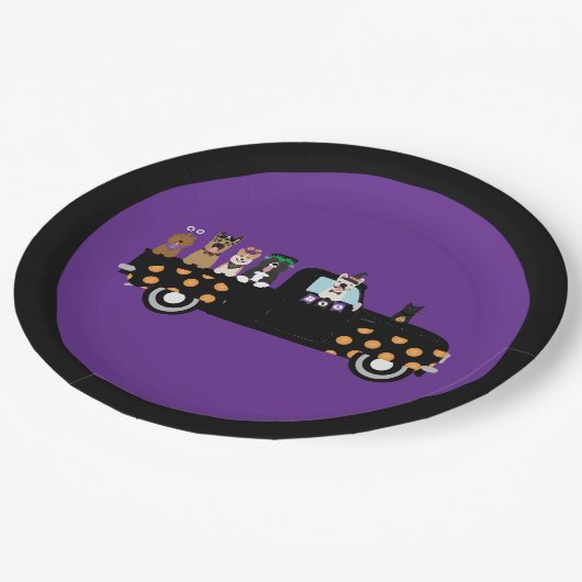 Halloween honden in een pick-up truck papieren bordje (Gekanteld)