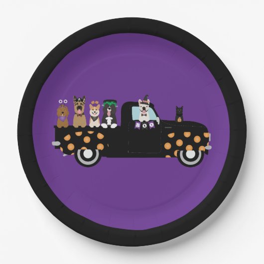 Halloween honden in een pick-up truck papieren bordje (Voorkant)