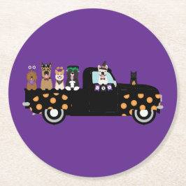 Halloween honden in een pick-up truck ronde kartonnen onderzetter