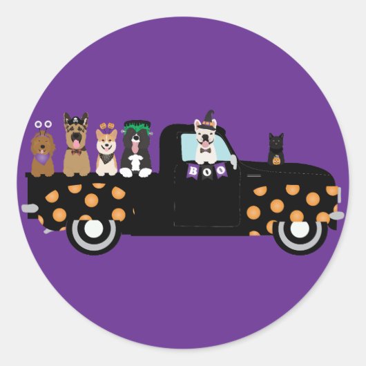Halloween honden in een pick-up truck ronde sticker (Voorkant)