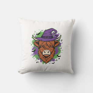 Halloween Hoogland Koe Heksenhoed Vintage Vector_1 Kussen