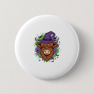 Halloween Hoogland Koe Heksenhoed Vintage Vector_1 Ronde Button 5,7 Cm