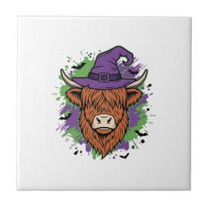 Halloween Hoogland Koe Heksenhoed Vintage Vector_1 Tegeltje