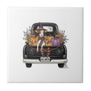 Halloween Hoogland Koe met Vrachtwagen Tegeltje