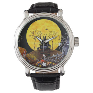 Halloween, horloge, geesten, kerkhof, katten, heks horloge