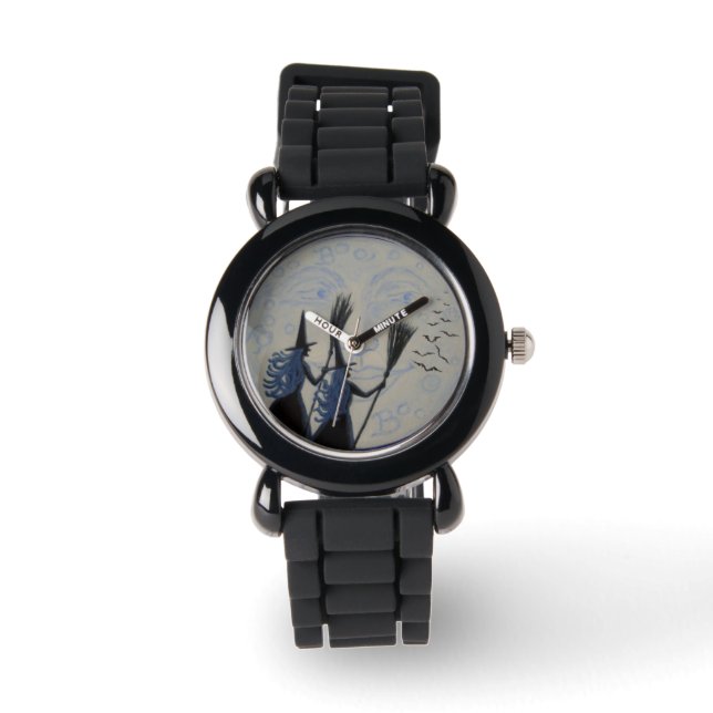 Halloween, horloge, heksen, bezem, glitter, mode horloge (Voorkant)
