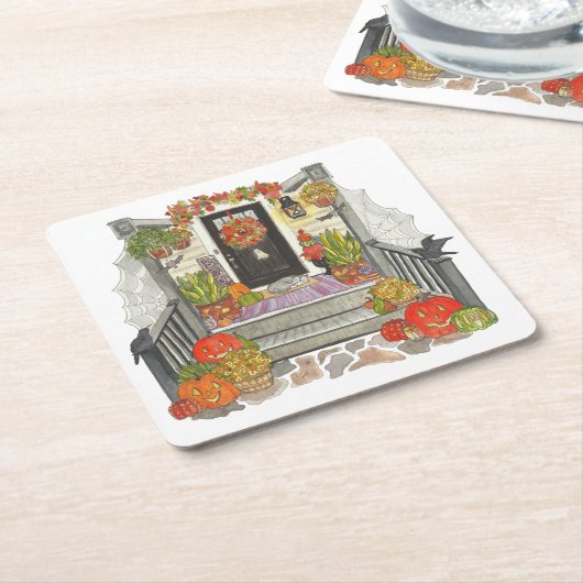 Halloween House Cat Kartonnen Onderzetters (Schuin)