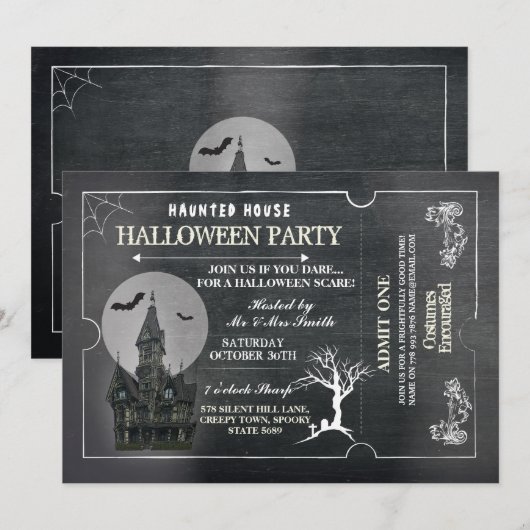 Halloween House Party Nodig Horror Chalk Ticket ui Kaart (Voorkant / Achterkant)