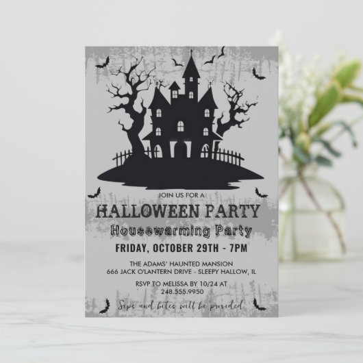 Halloween Housewarming Party Grijs Halloween Party Kaart (Staand voorkant)