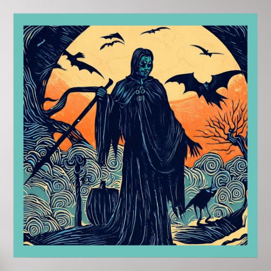 Halloween - houtsnede stijl 3 poster (Voorkant)