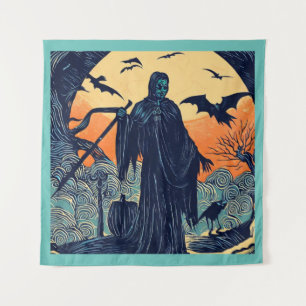 Halloween - houtsnede stijl 3 wandtapijt wandkleed