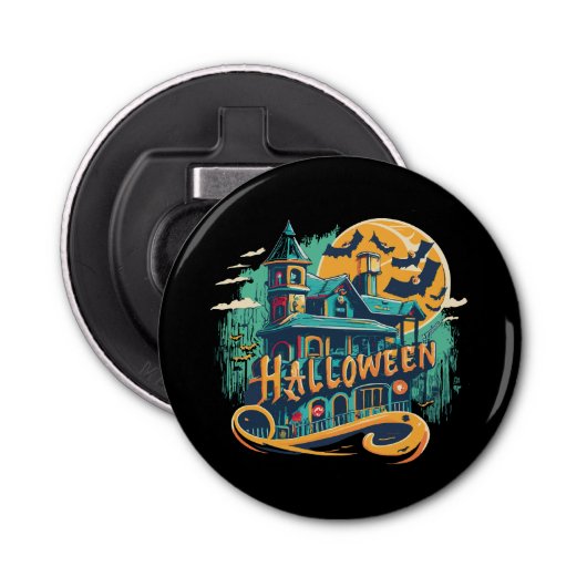  Halloween huis met geest Button Flesopener (Voorkant)