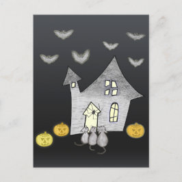 Halloween huis, zwarte katten, vleermuizen, pompoe briefkaart