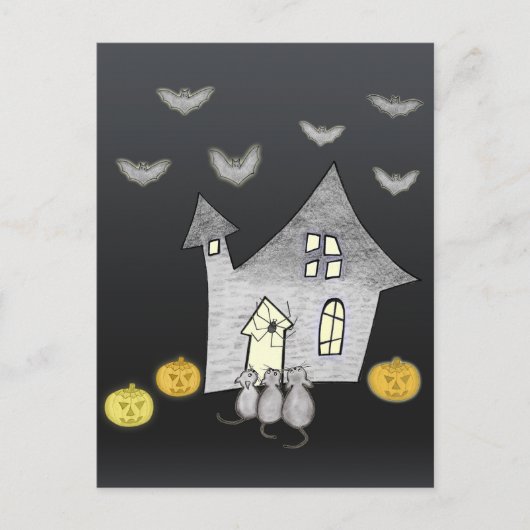 Halloween huis, zwarte katten, vleermuizen, pompoe briefkaart (Voorkant)