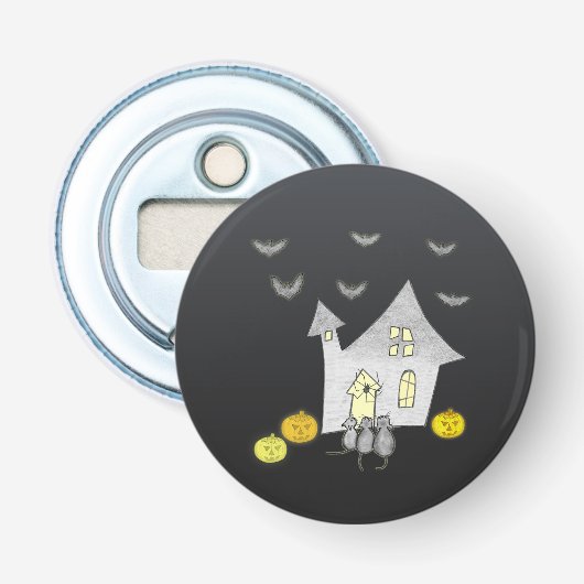 Halloween huis, zwarte katten, vleermuizen, pompoe button flesopener (Voorkant)