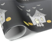Halloween huis, zwarte katten, vleermuizen, pompoe cadeaupapier (Rol Hoek)