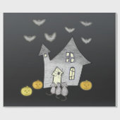 Halloween huis, zwarte katten, vleermuizen, pompoe cadeaupapier (Vlak)