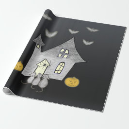 Halloween huis, zwarte katten, vleermuizen, pompoe cadeaupapier