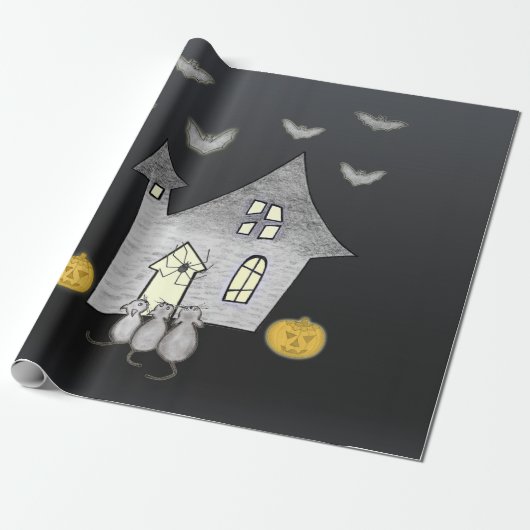 Halloween huis, zwarte katten, vleermuizen, pompoe cadeaupapier (Uitgerold)
