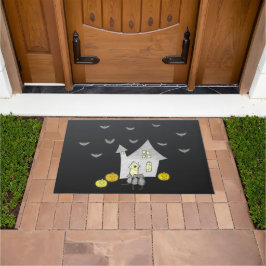 Halloween huis, zwarte katten, vleermuizen, pompoe deurmat