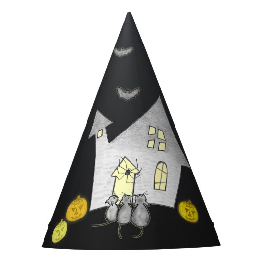 Halloween huis, zwarte katten, vleermuizen, pompoe feesthoedjes (Voorkant)